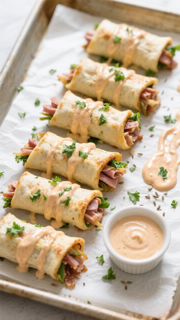 Overhead “tasty top view”: Six Keto Cristy Reuben Roll-Ups arranged on a parchment-lined sheet p