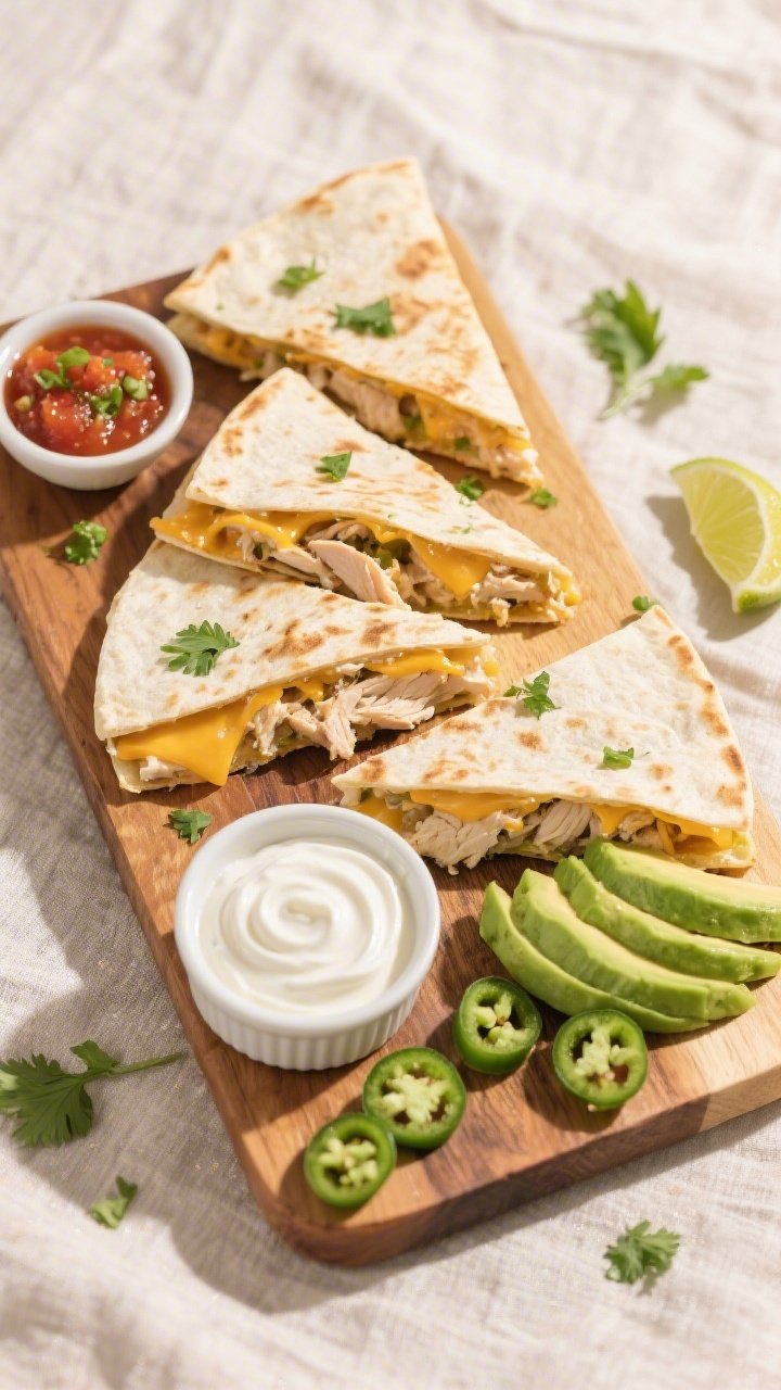 Overhead tasty top view: Sliced keto chicken quesadilla wedges on a wooden board, showing creamy chi