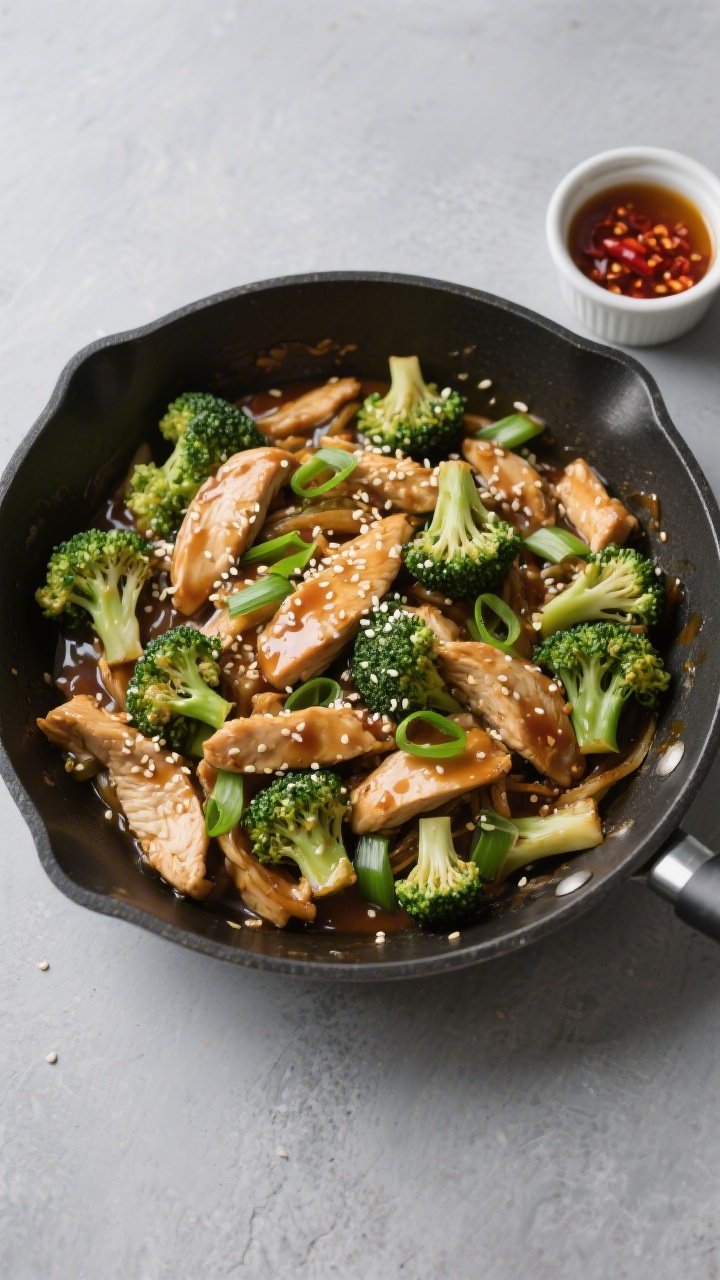 Overhead tasty top view: Top-down shot of a one-pan chicken and broccoli stir-fry just finished in t