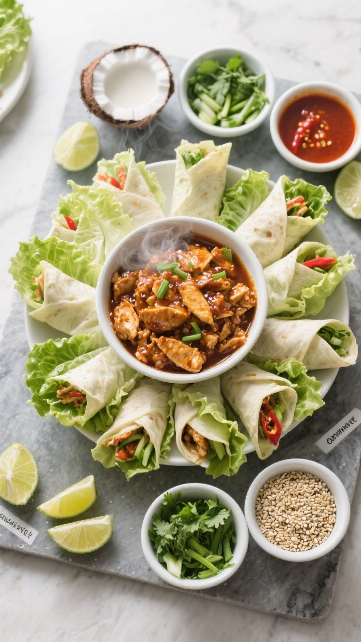 Overhead wrap bar spread: Tasty top-down shot of a DIY lettuce wrap station for a crowd—large bowl