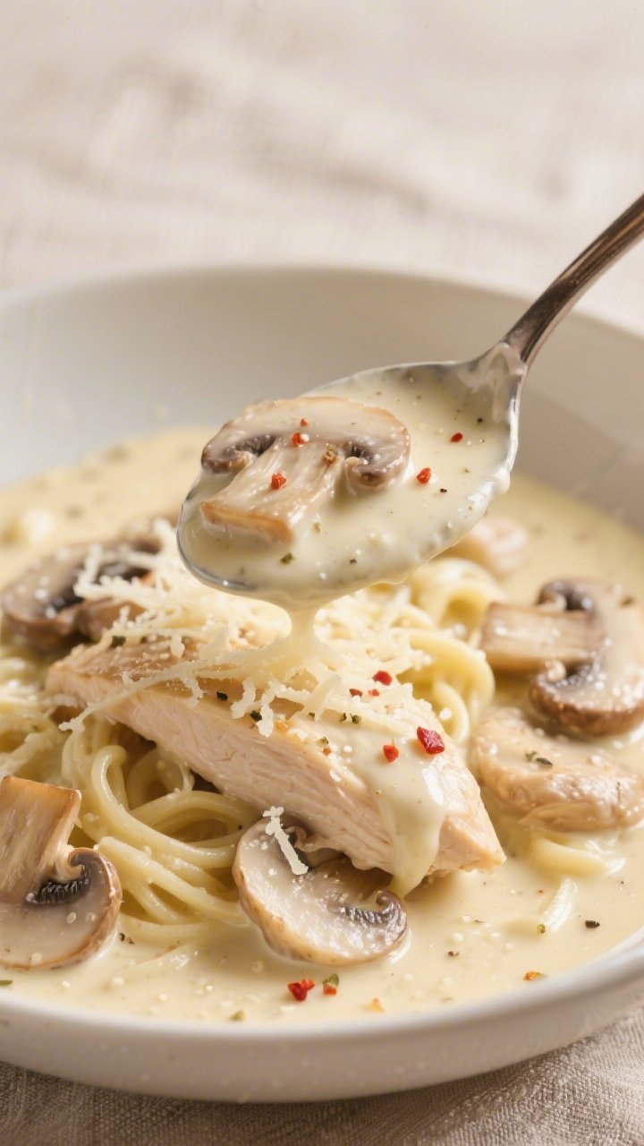 Sauce perfection, macro detail: Ultra-creamy Alfredo sauce coating sautéed mushrooms and tender chi
