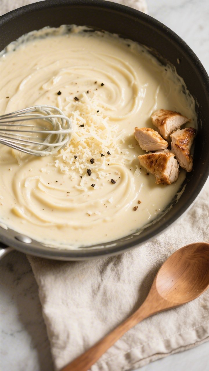 Sauce perfection, tasty top view: Overhead shot of silky Alfredo sauce in the skillet just after whi