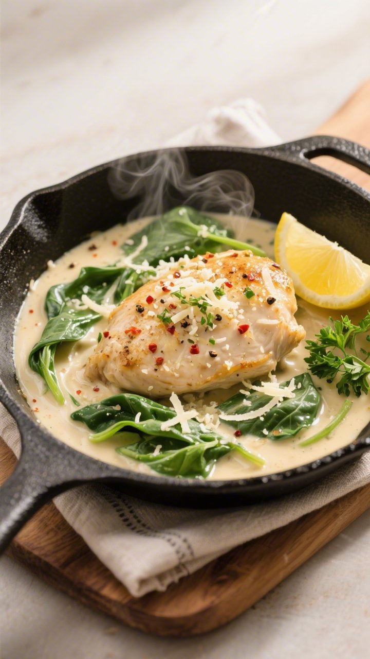 Saucy skillet finale, overhead “tasty top view”: Keto Chicken Garlic Butter Parmesan nestled in 