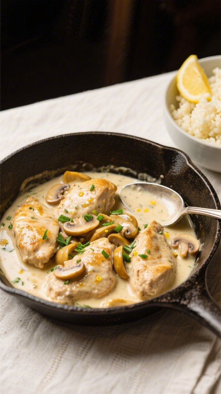 Tasty overhead serving scene: Top-down shot of the skillet at the table, chicken pieces re-nestled i