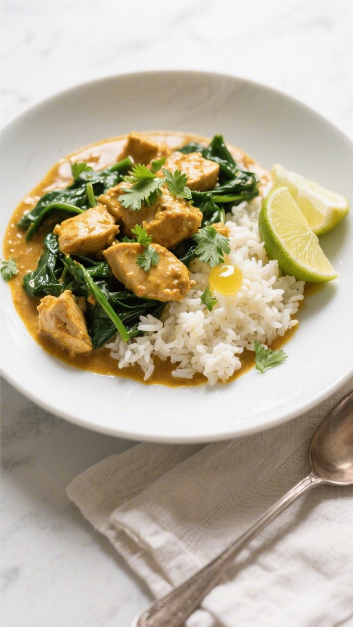 Tasty : Overhead shot of Keto Chicken Curry ladled over fluffy cauliflower rice in a wide, shallow w