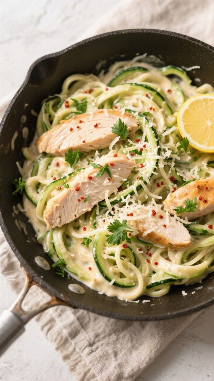 Tasty : Overhead shot of Keto Chicken Zoodle Alfredo just finished in the pan—tender zucchini nood