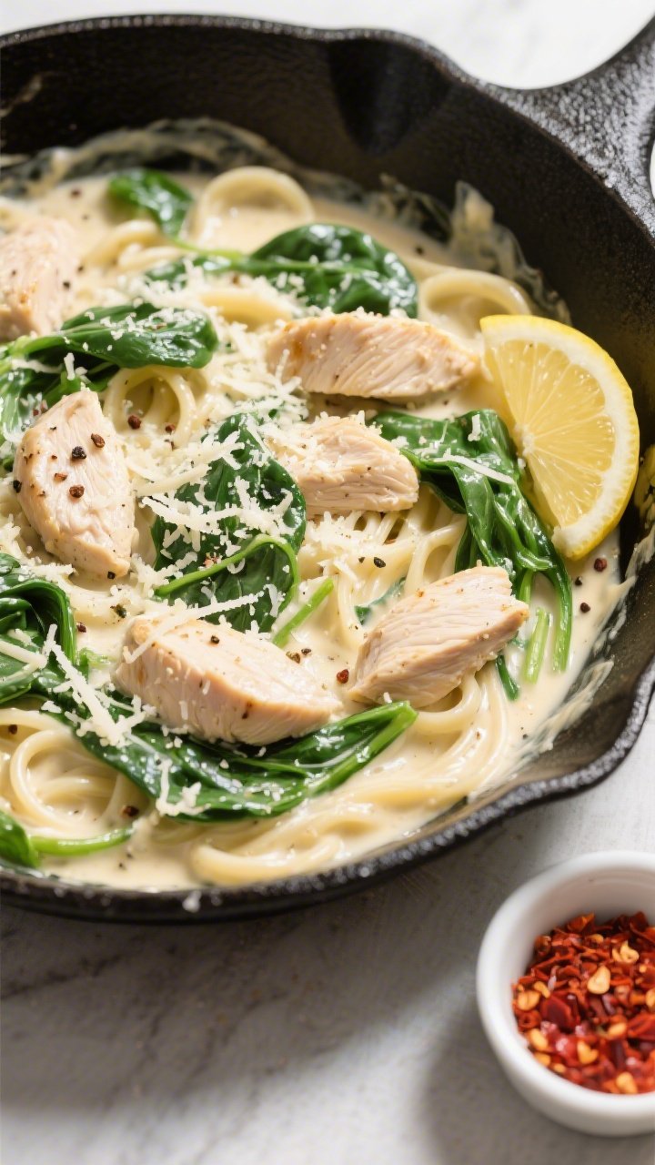 Tasty overhead skillet shot: of the finished one-pan Keto Chicken Spinach Alfredo in a black cast-ir
