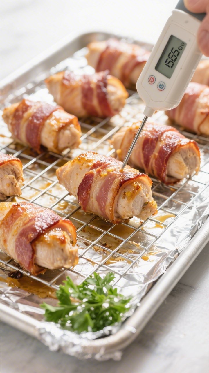 Tasty top-down process shot: Overhead view of bacon-wrapped chicken rolls on a wire rack over a foil
