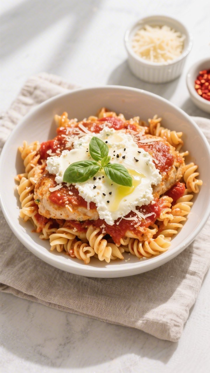 Tasty top view, assembled bowl: Overhead shot of a Cottage Cheese Chicken Parm Bowl served over al d