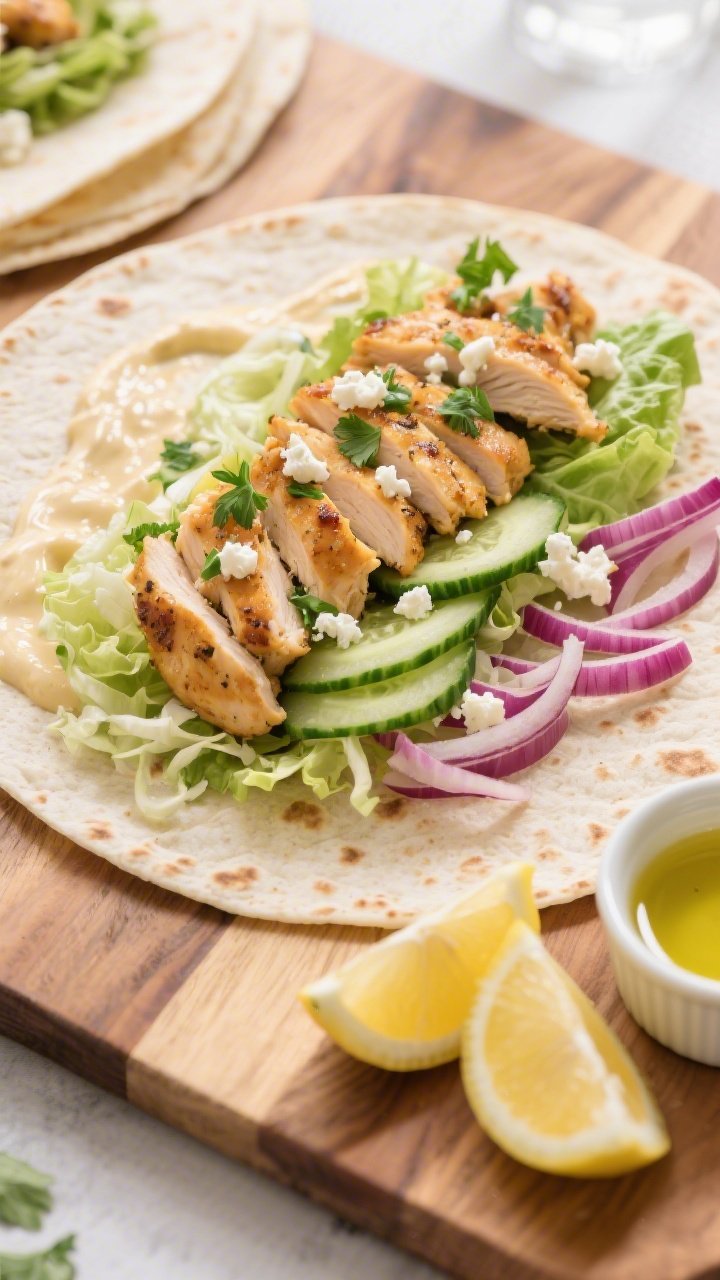 Tasty top view, assembly stage: Overhead shot of keto garlic chicken wrap assembly on a wooden board