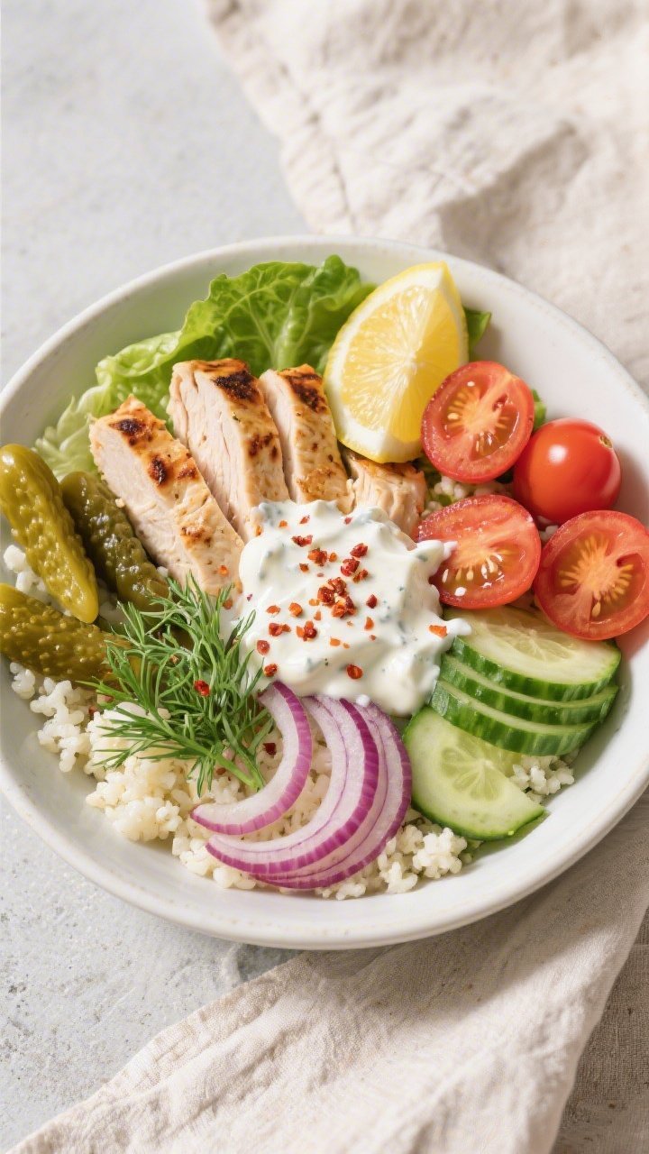 Tasty top view, final dish: Overhead shot of a Keto Chicken Shawarma Bowl beautifully assembled—ba