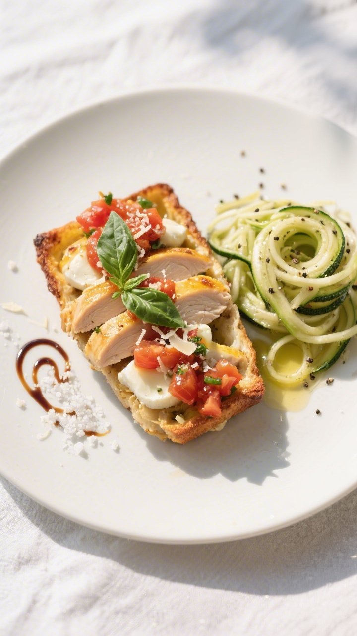 Tasty top view final plate: Overhead shot of a beautifully plated Keto Chicken Bruschetta Bake porti