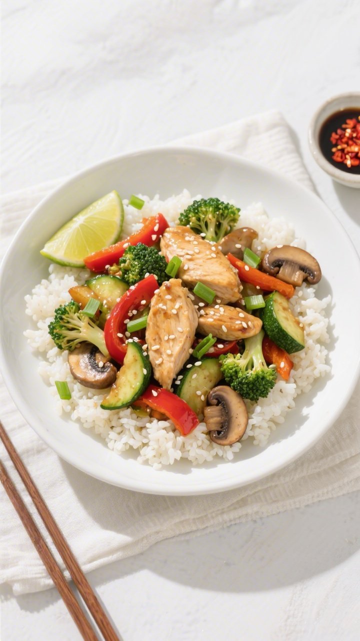 Tasty top view, final plated: Overhead shot of keto chicken stir fry served over fluffy cauliflower 