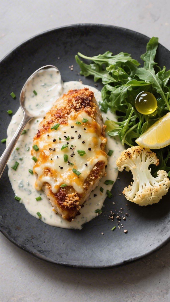 Tasty top-view final presentation: Overhead shot of a plated serving of Keto Chicken Ranch Parmesan 