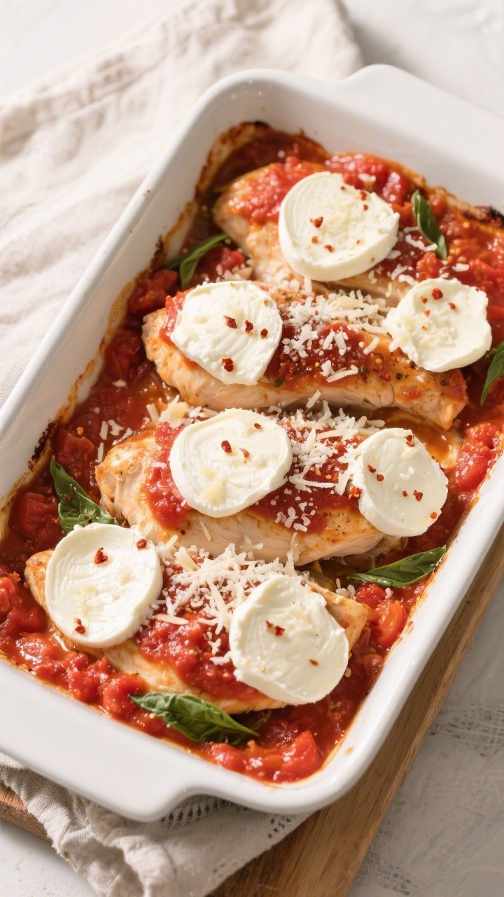 Tasty top view, in-pan before bake: Overhead shot of assembled Keto Chicken Mozzarella Bake in a 9x1