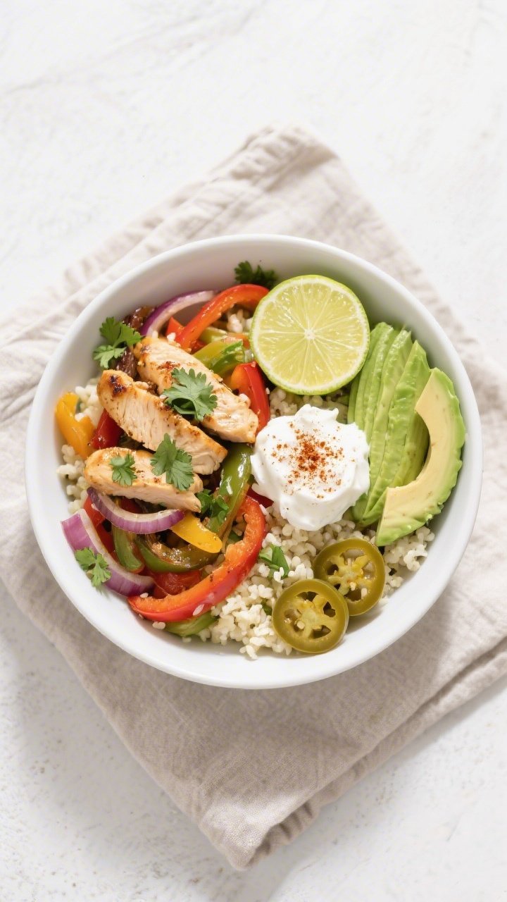 Tasty top view, keto bowl presentation: Overhead shot of a composed keto chicken fajita bowl: cilant