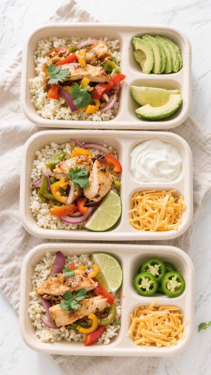 Tasty top view — Meal prep boxes: Overhead shot of four neatly arranged meal prep containers, each