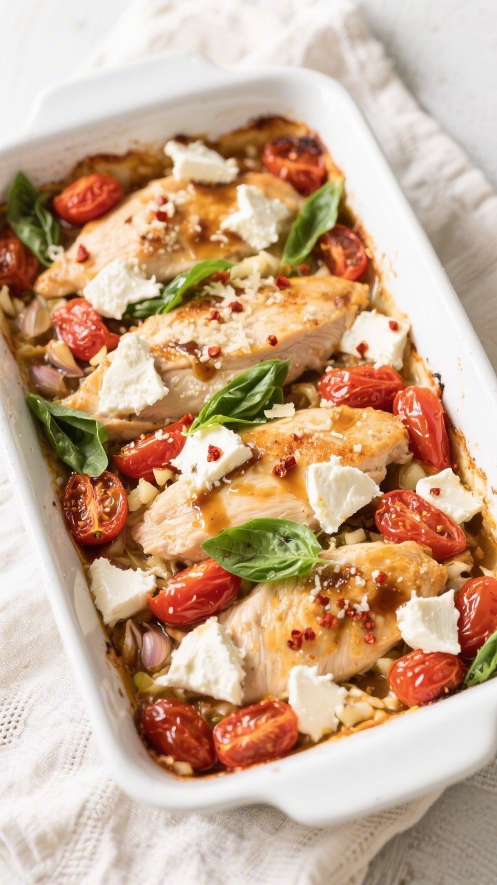 Tasty top view — Mid-bake layering: Overhead shot of the Keto Chicken Caprese Casserole just after