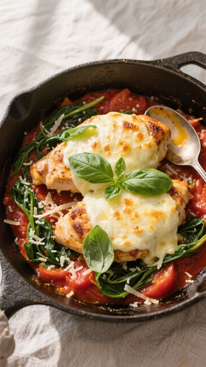 Tasty top view, overhead hero: Overhead shot of the finished Keto Chicken Mozzarella Skillet—golde