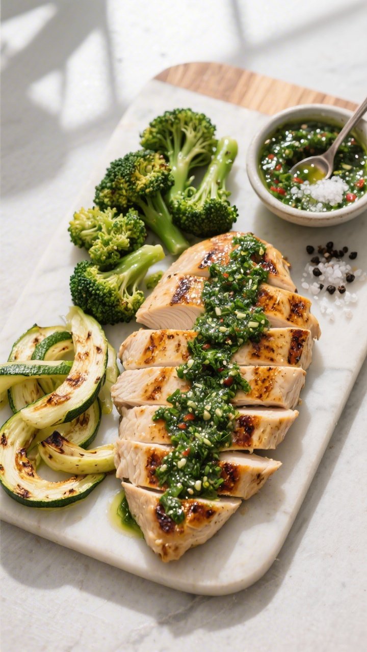 Tasty top view, overhead: Overhead shot of a serving board with grilled chicken breasts (sliced agai