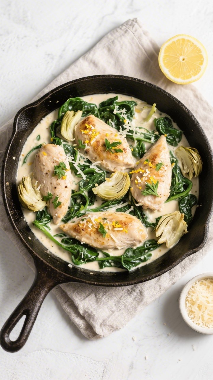 Tasty top view, overhead: Overhead shot of the finished Keto Chicken Spinach Artichoke Skillet in a 