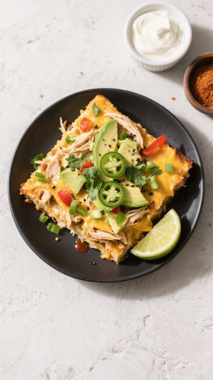 Tasty top view (overhead): Overhead shot of the Keto Chicken Taco Bake after resting and garnishing,