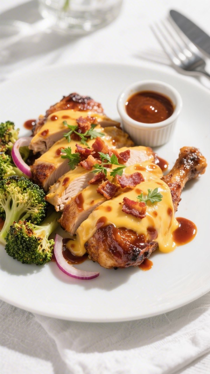 Tasty top view: Overhead plated final dish—sliced BBQ chicken thighs fanned on a matte white plate