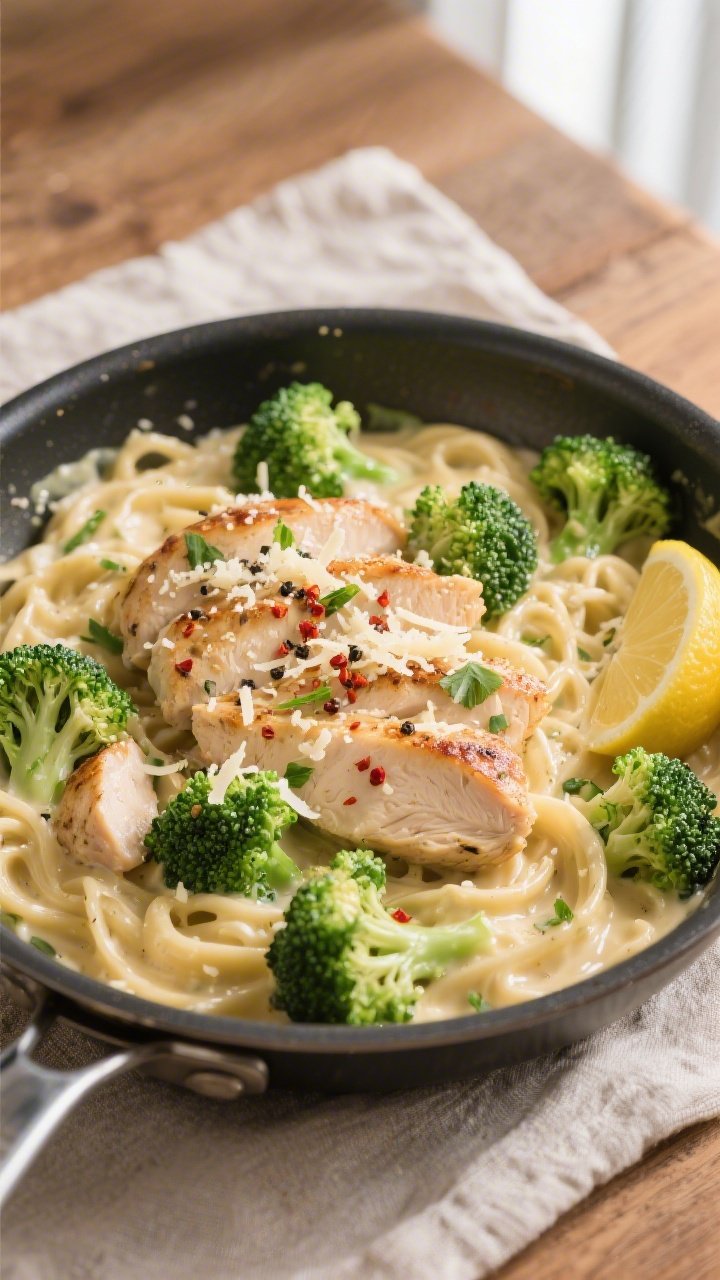 Tasty top view, overhead shot: Keto Chicken Broccoli Alfredo in a wide skillet, overhead: crisp-tend