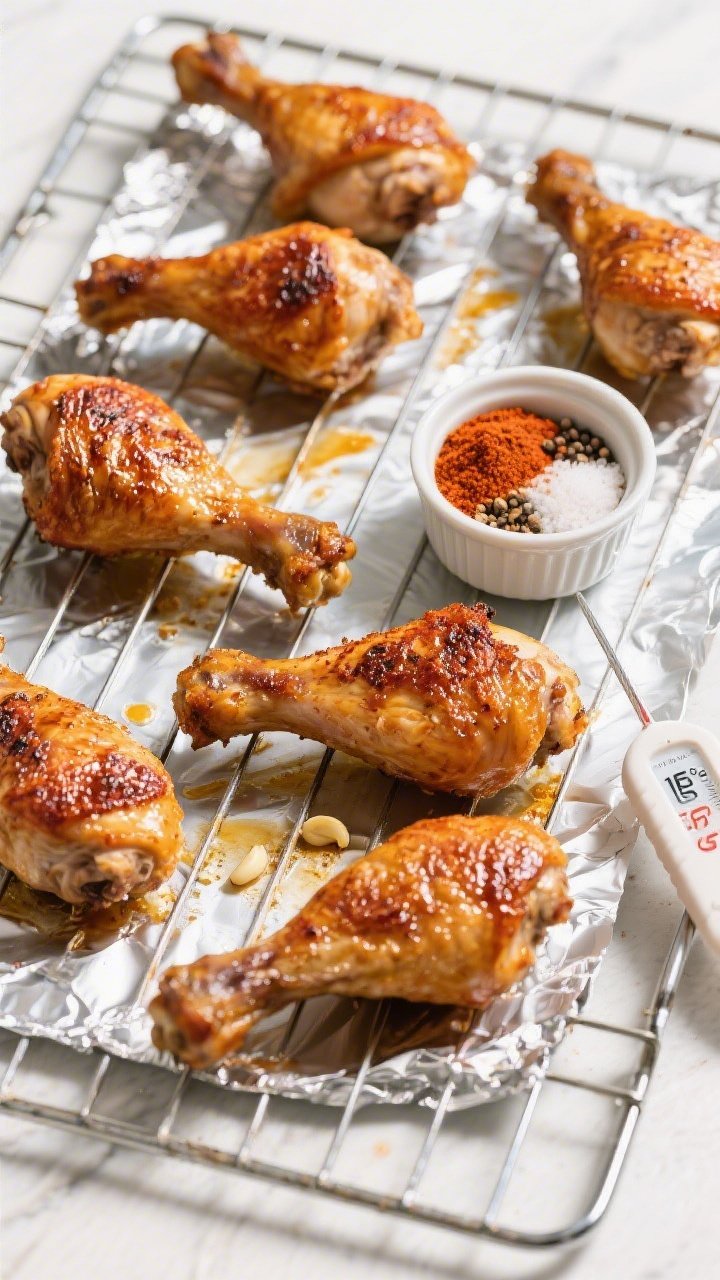 Tasty top view: Overhead shot of 6 roasted bone-in, skin-on keto chicken thighs spaced evenly on a w