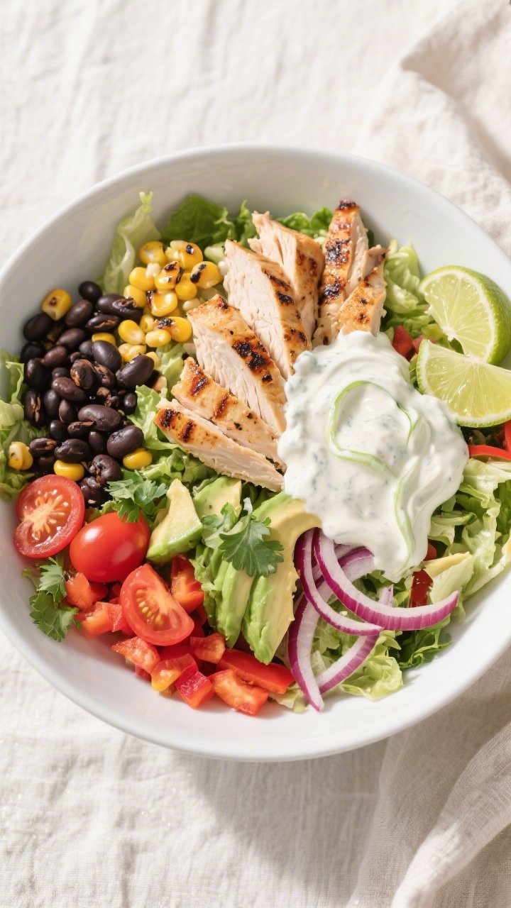 Tasty top view — Overhead shot of a large mixing bowl of the assembled High Protein Southwest Chic