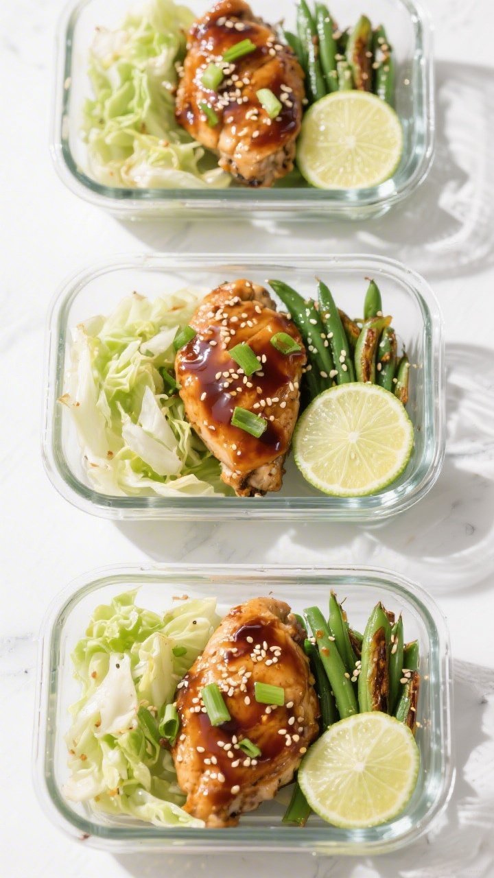 Tasty top view: Overhead shot of a meal-prep layout—three glass containers filled with glossy keto