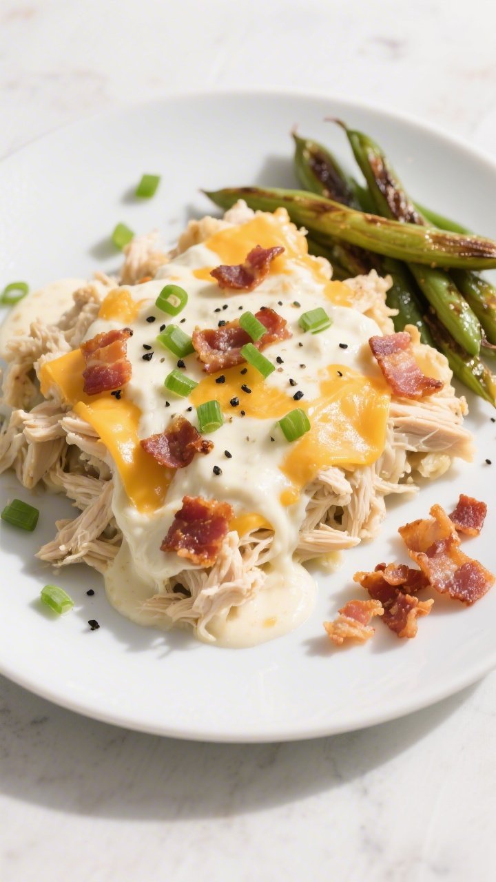 Tasty top view: Overhead shot of a plated serving of Cheesy Bacon Ranch Keto Chicken Casserole on a 