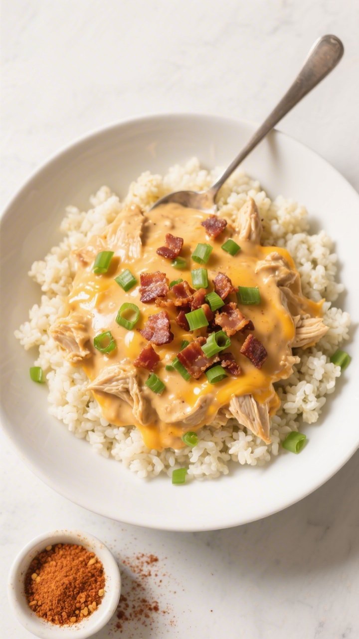 Tasty top view: Overhead shot of Creamy Keto Crack Chicken spooned over fluffy cauliflower rice in a