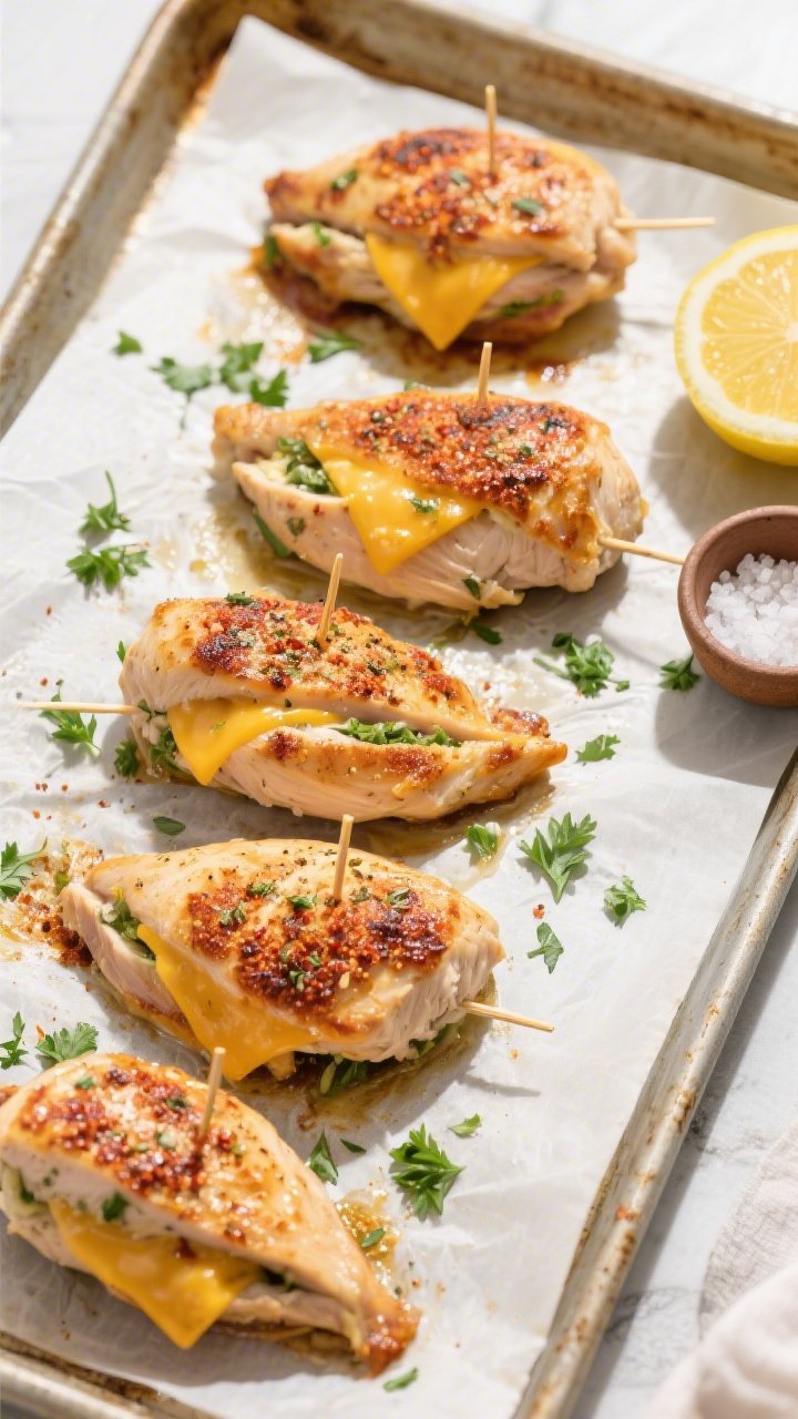 Tasty top view: Overhead shot of four stuffed chicken breasts on a parchment-lined sheet pan just ou