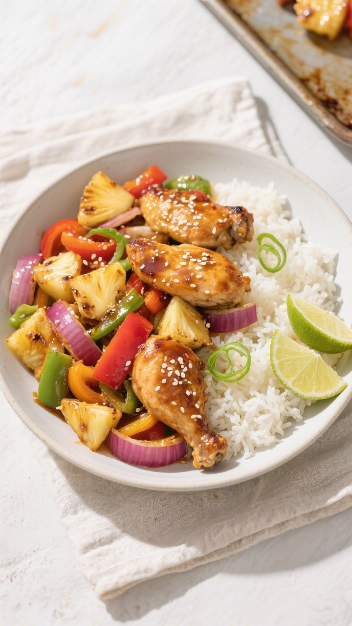 Tasty top view: Overhead shot of Hawaiian Chicken Sheet Pan served family-style over steamed jasmine