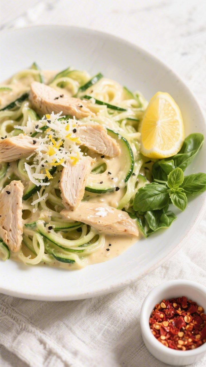 Tasty top view: Overhead shot of Keto Chicken Alfredo over zucchini noodles; zucchini strands just w