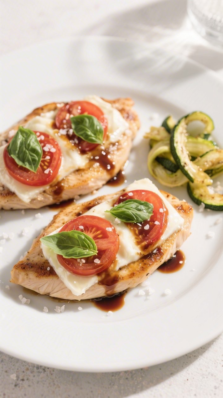 Tasty top view: Overhead shot of Keto Chicken Caprese plated for serving—two chicken breasts on a 
