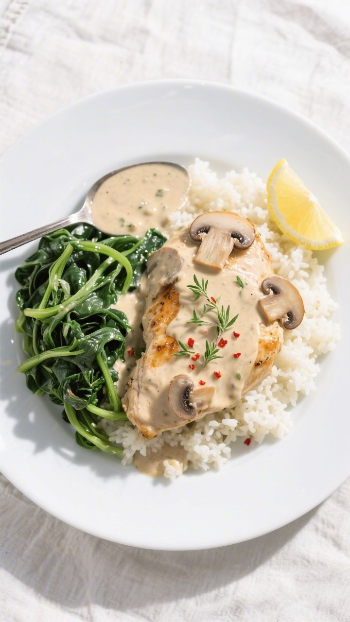 Tasty top view: Overhead shot of Keto Chicken Mushroom Cream Sauce plated over fluffy cauliflower ri