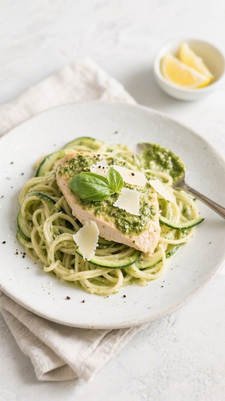 Tasty top view: Overhead shot of Keto Chicken Pesto Alfredo spooned over lightly sautéed zucchini n