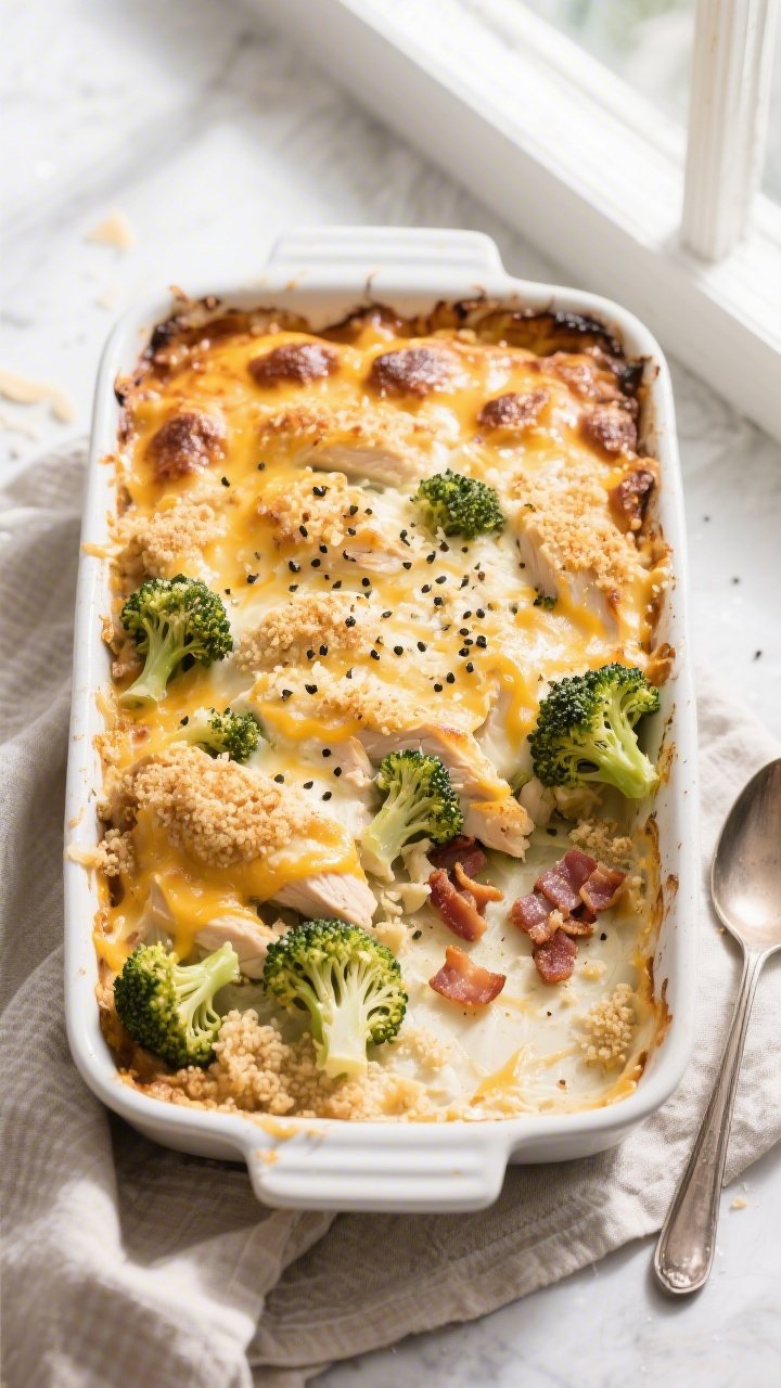 Tasty top view: Overhead shot of the assembled Keto Chicken Cheesy Broccoli Bake just out of the ove