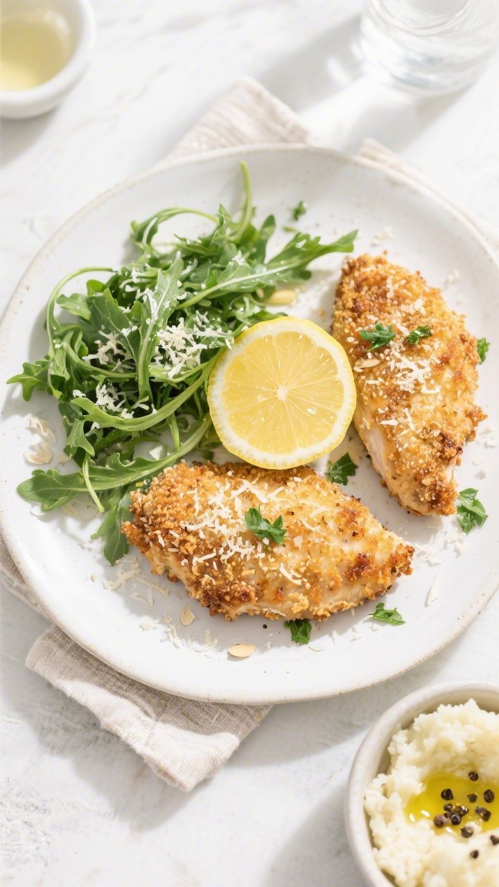 Tasty top view: Overhead shot of the final plated Crispy Parmesan Keto Chicken—two cutlets on a wh