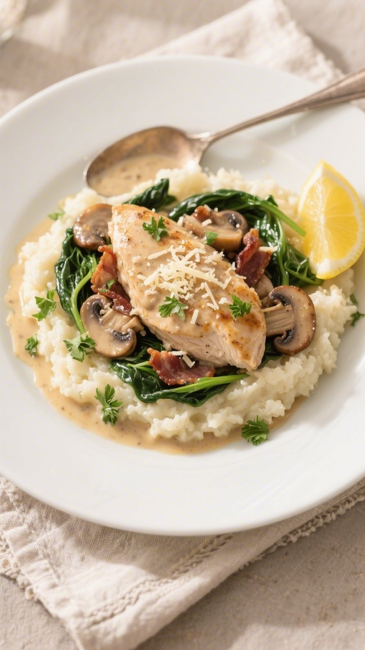 Tasty top view: Overhead shot of the finished Keto Chicken Bacon Mushroom Skillet spooned over velve