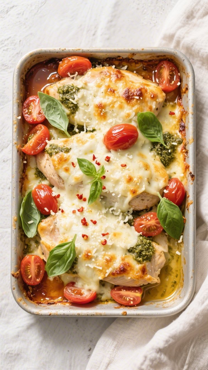 Tasty top view: Overhead shot of the finished Keto Chicken Pesto Mozzarella Bake in a 9x13 pan, chee
