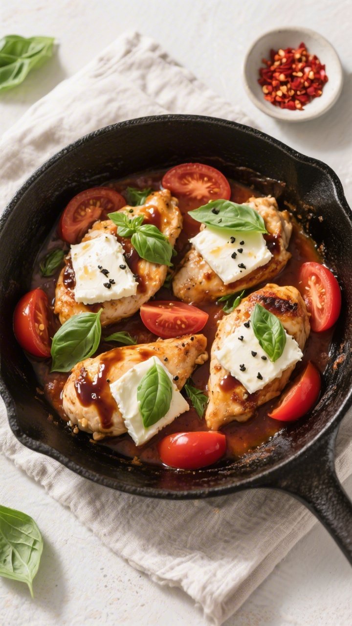 Tasty top view: Overhead shot of the finished Keto Chicken Caprese Skillet, each chicken piece blank