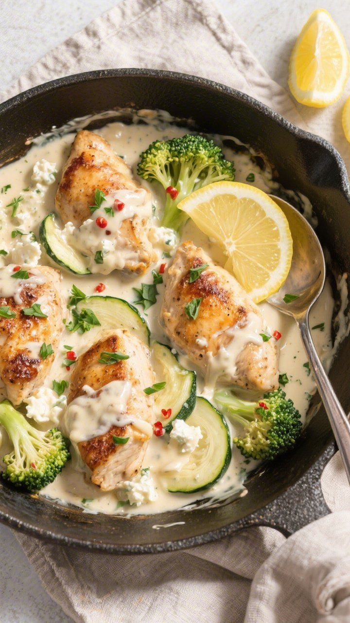 Tasty top view: Overhead shot of the finished lazy keto chicken in a skillet—juicy browned chicken