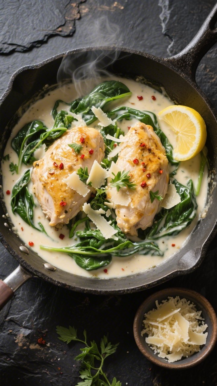 Tasty top view: Overhead shot of the finished one-skillet dish, chicken nestled in creamy sauce with