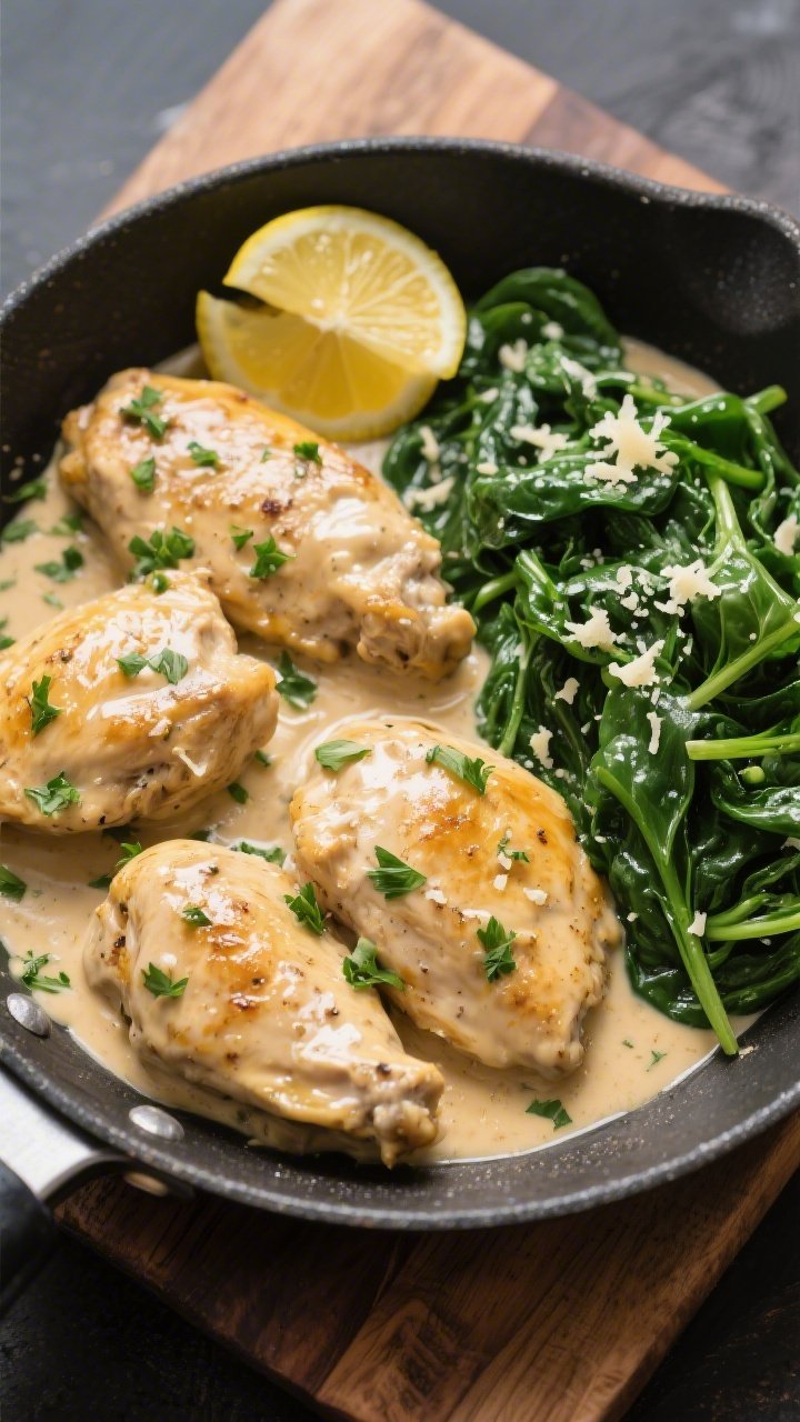 Tasty top view: Overhead shot of the finished one-pan keto garlic cream chicken with sautéed spinac