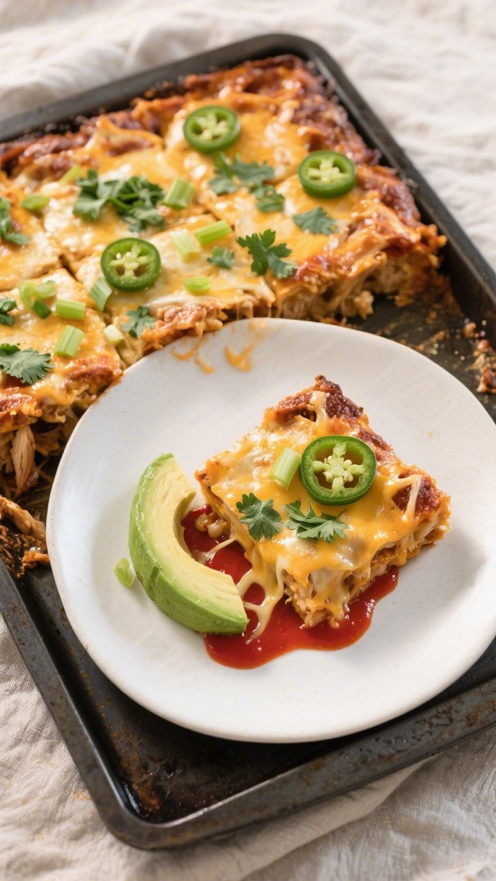 Tasty top view: Overhead shot of the fully baked keto chicken enchilada casserole, neatly squared po
