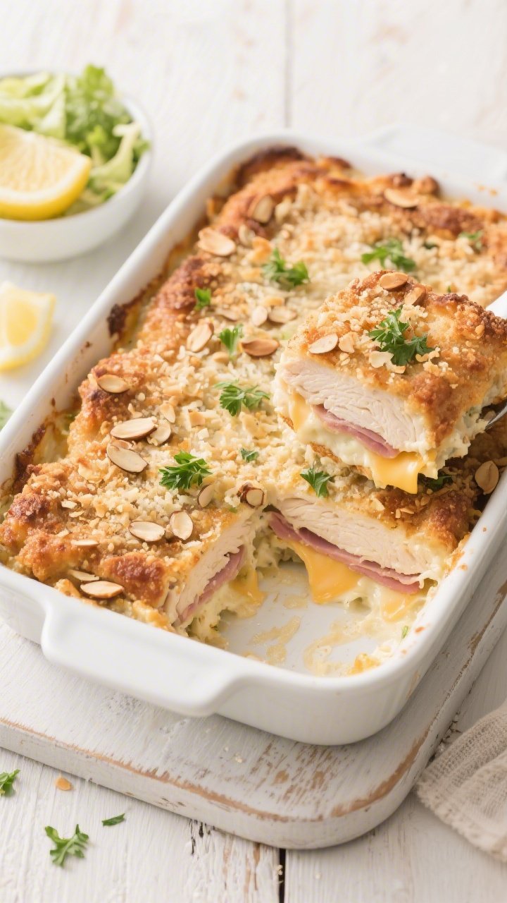 Tasty top view: Overhead shot of the fully baked Keto Chicken Cordon Bleu Casserole with an evenly b