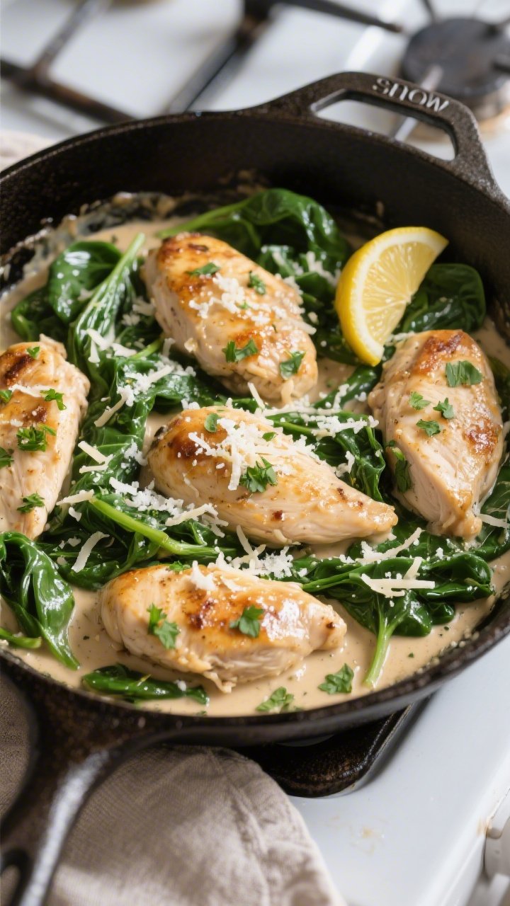 Tasty top view: Overhead shot of the keto chicken spinach skillet just finished on the stove—cream
